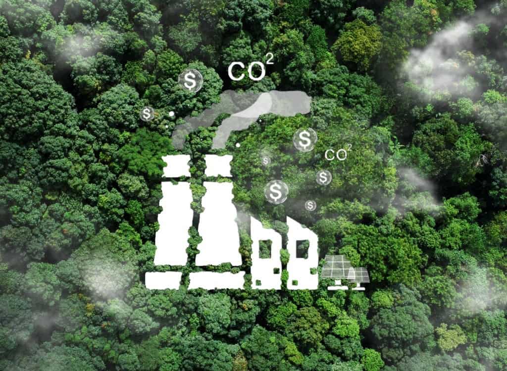 Blog - 2. Reducerea amprentei de carbon - ilustrație cu fabrică, păduri, CO2